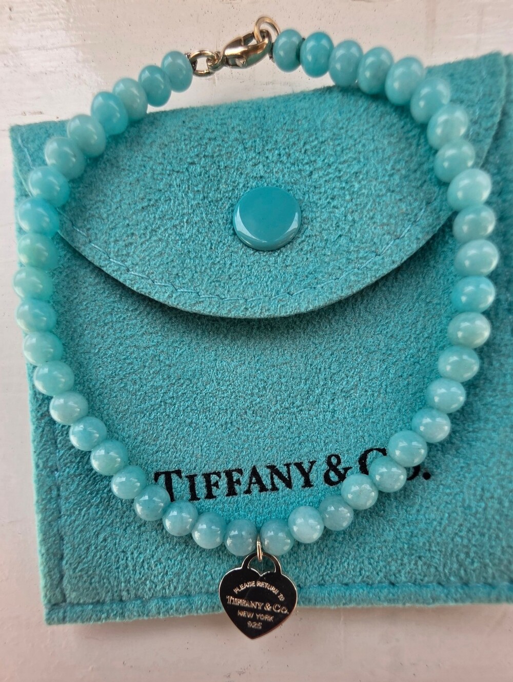 Tiffany & Co. Amazonite Bead Ball RTT Heart Tag Charm Bracelet